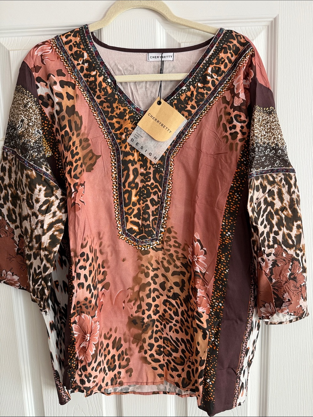 CHERRYBETTY XL nwt leopard print tunic cotton boho fall colors sku53